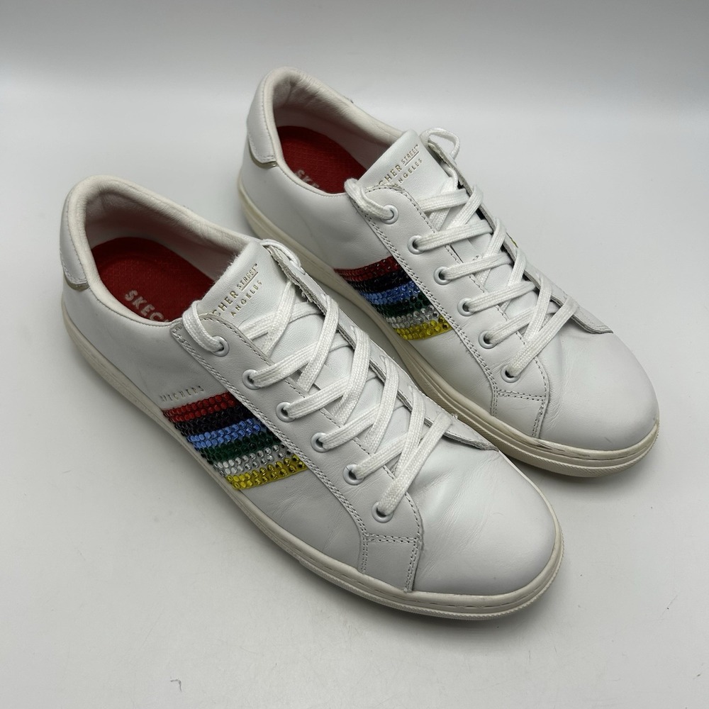 Skechers Sneakers 9.5 Womens Rainbow White Leather Gem Embellished Casual Pride